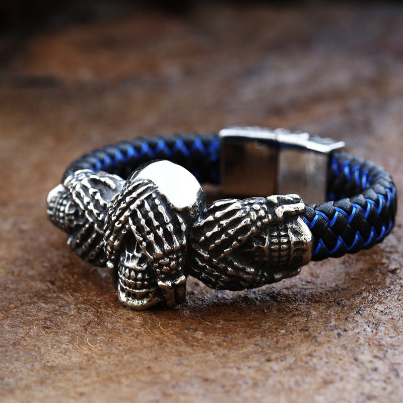 Stainless Steel Skull Leather Bracelet