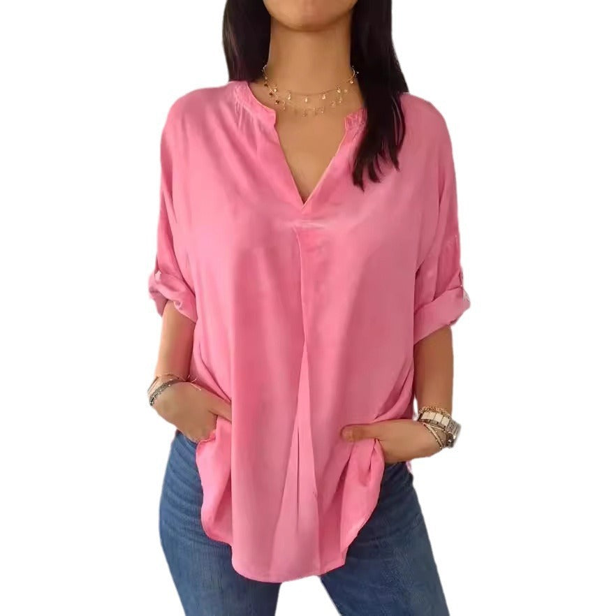 V-neck Cotton And Linen Pure Plus Size Shirt