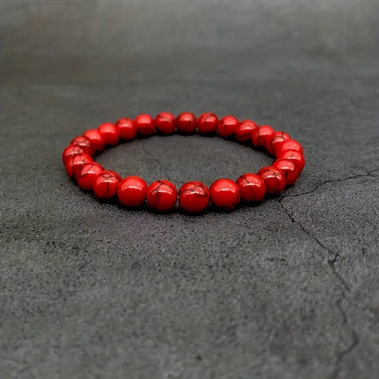 Natural Red Turquoise Round Stone Beaded Bracelet.