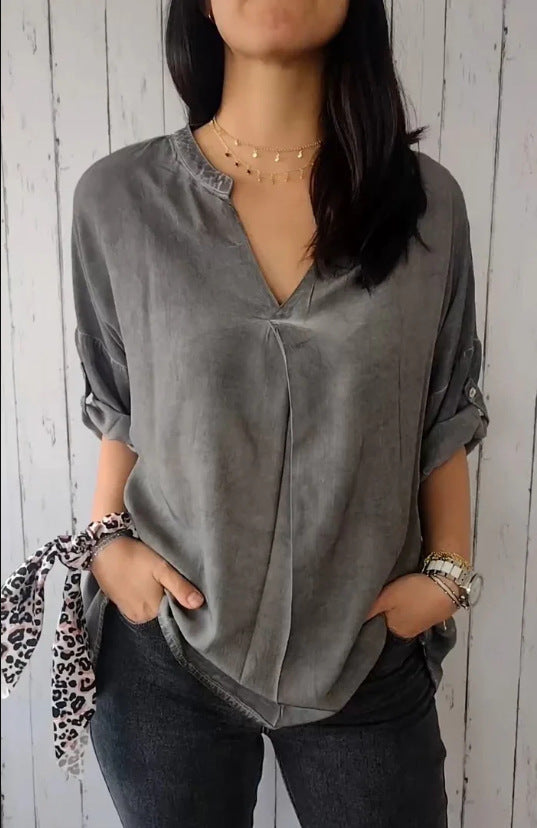 V-neck Cotton And Linen Pure Plus Size Shirt