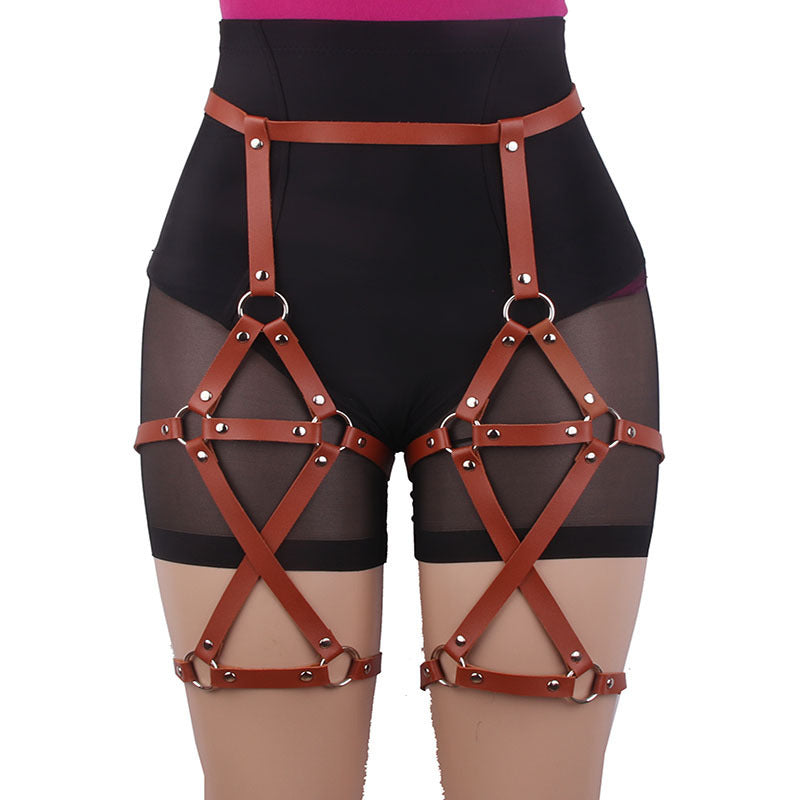 Double-row Cross Adjustable Leather Leg Ring Belt Integrated Suspenders