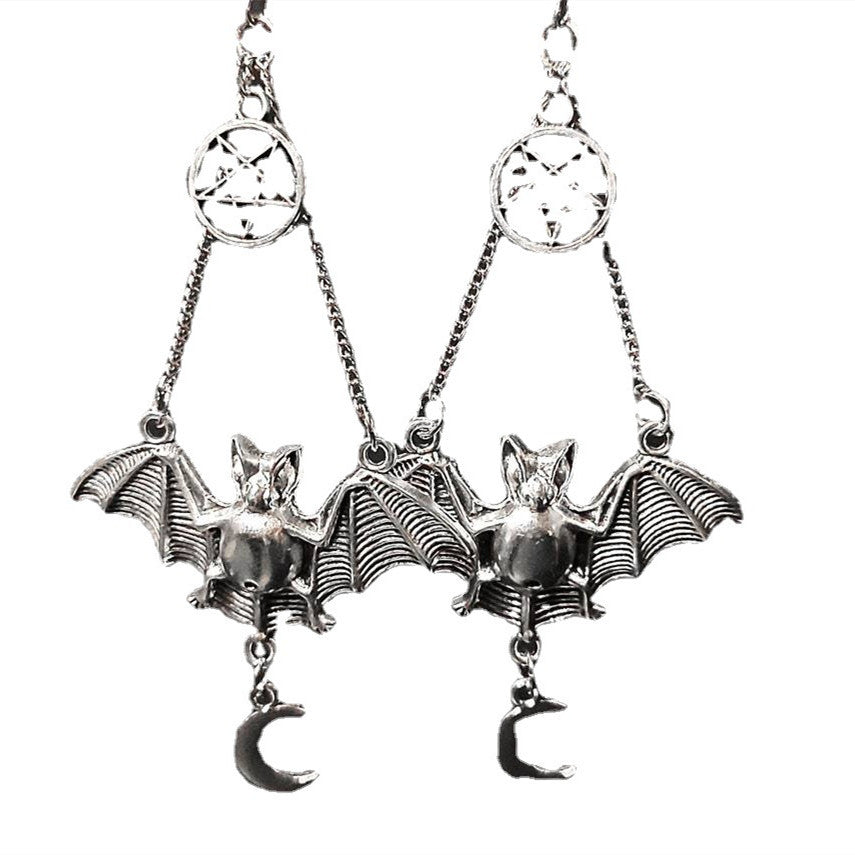 Pentagram Bat Moon Charm Earrings