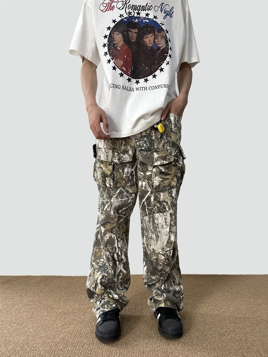 Loose Straight Tree Worn Looking Washed-out Camouflage Printed Overalls