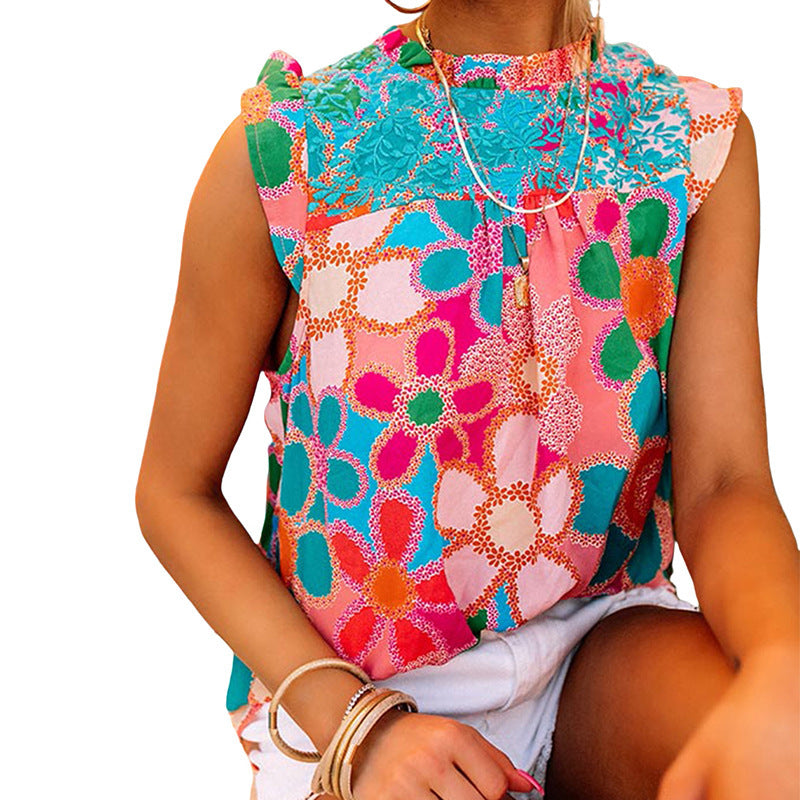 European Sleeveless Ruffled Printed Top