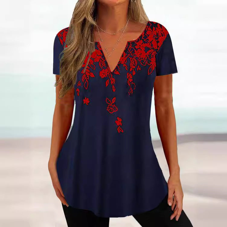 European Loose V-neck Gradient Color Short Sleeve Printed Top