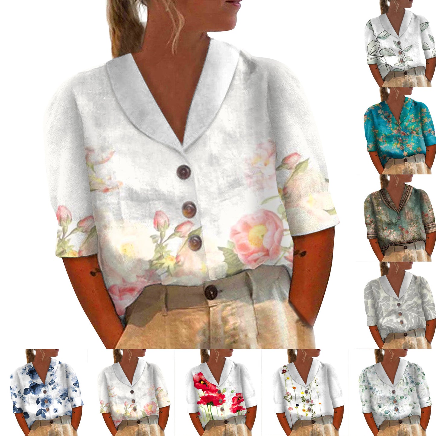 Cotton and Linen Printed Short-sleeved Shirt