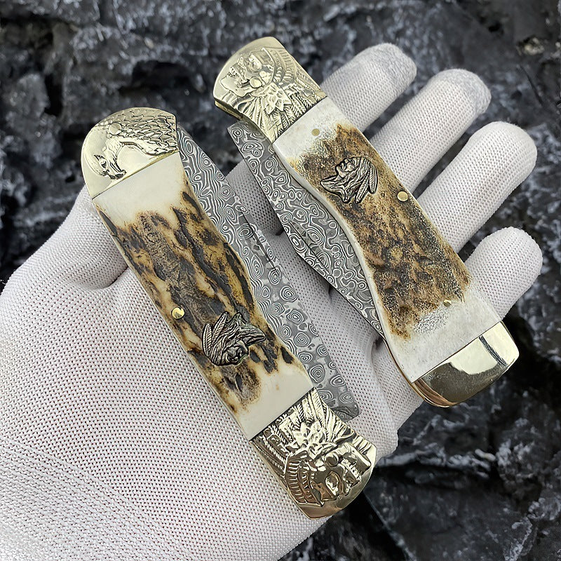 Antler Pocket Damascus Folding Knife