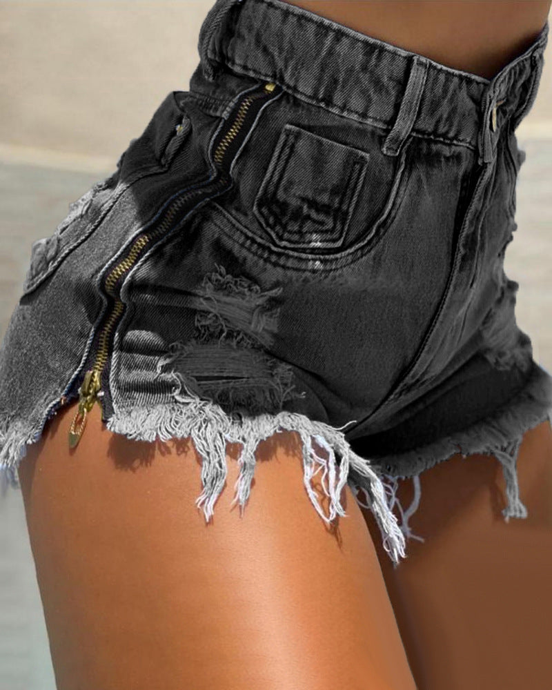 Side Zipper Ripped High Waist Denim Shorts