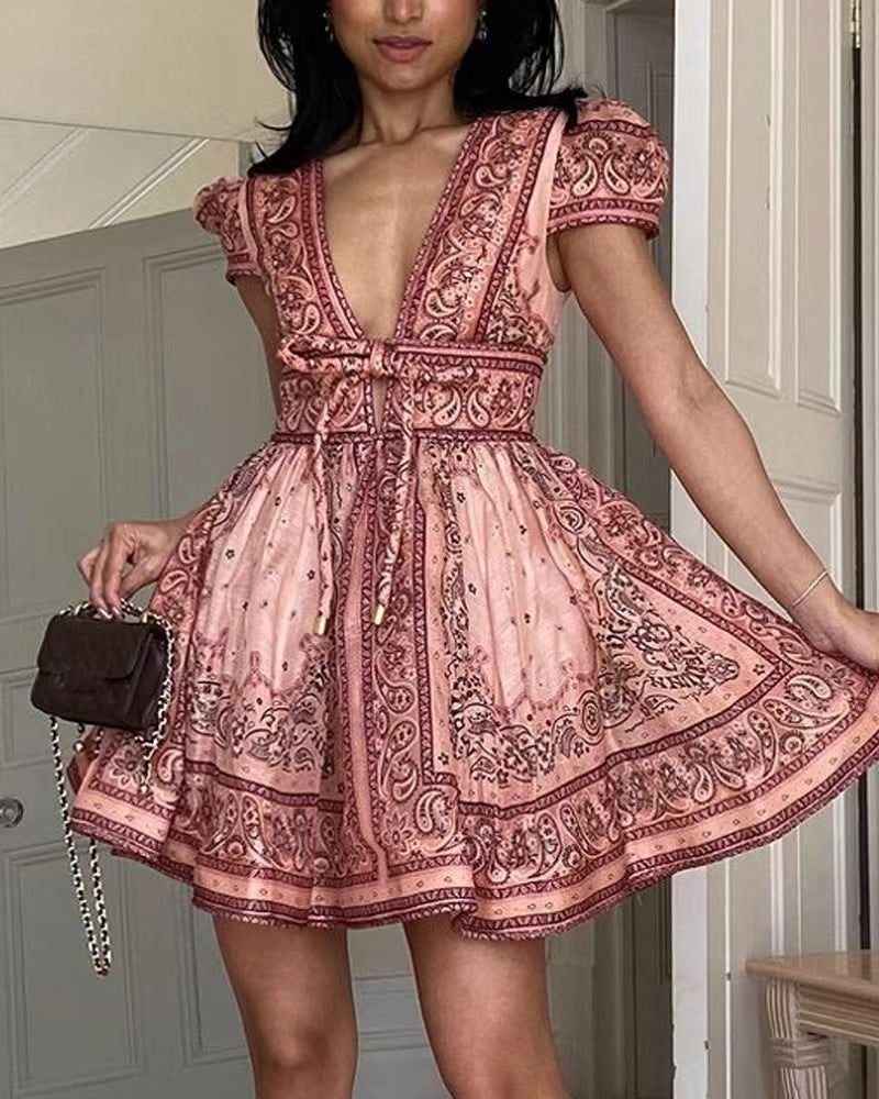 V-neck Printed Short-sleeved Lace-up Dress