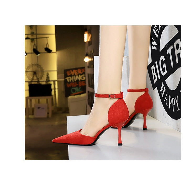 Suede Shallow Mouth Pointed-toe Hollowed Ankle-strap High Heels