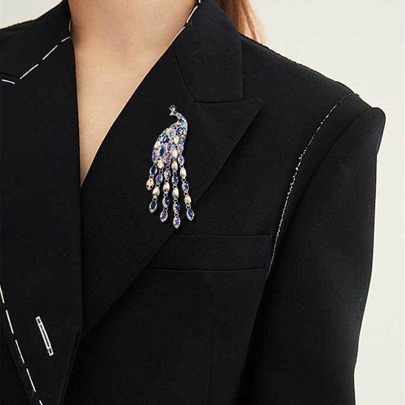 Large Long Tail Crystal Peacock Tassel Brooch