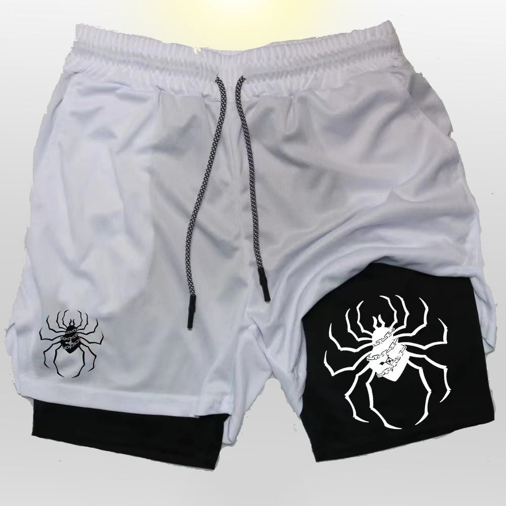 Digital Spider Print Men's 2-in-1 Double-layer Sports Shorts