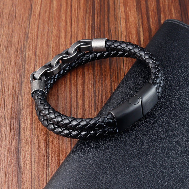 Black Genuine Leather Chain Bracelet