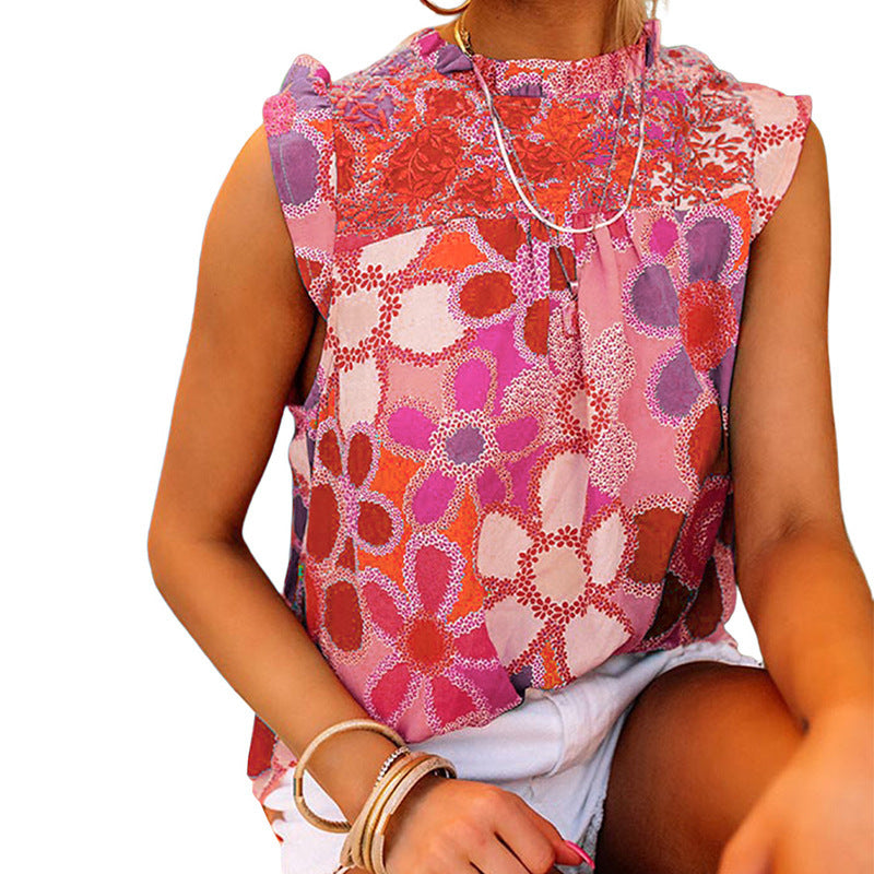 European Sleeveless Ruffled Printed Top