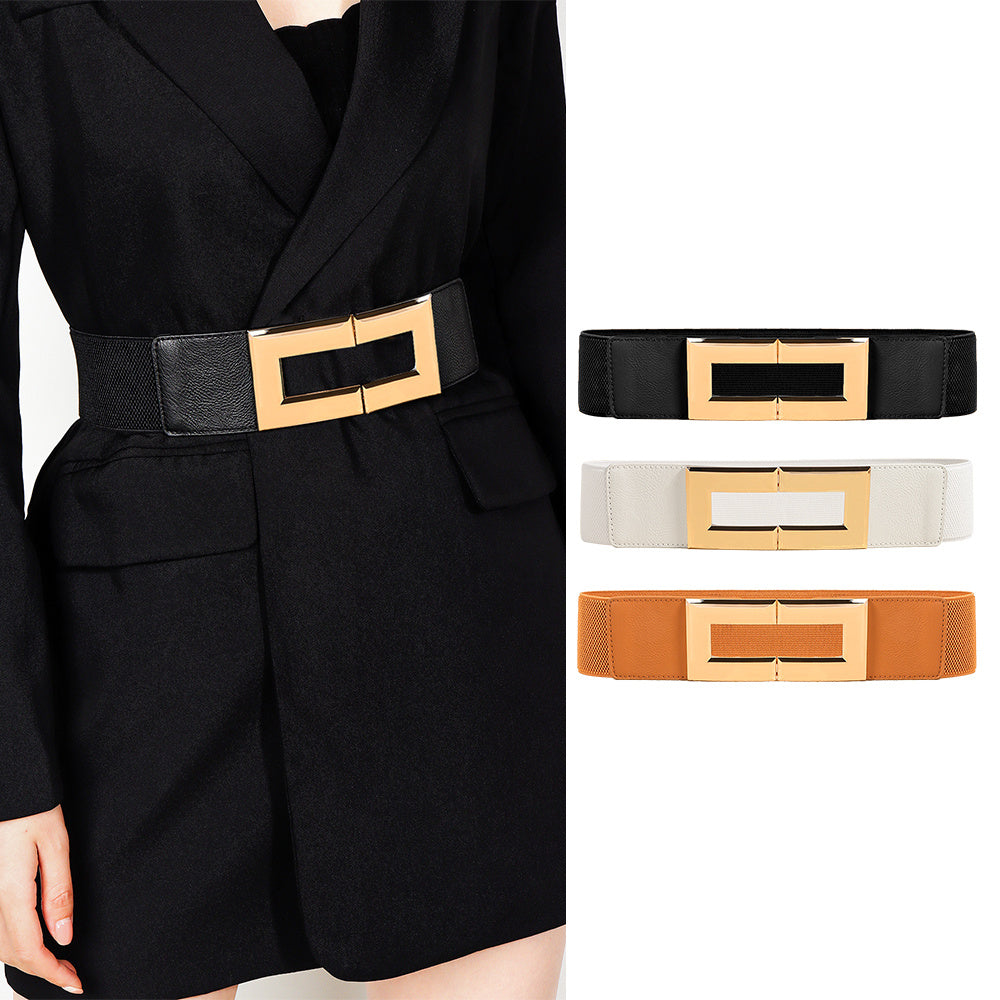 Elastic Wide Metal Square Buckle Belt