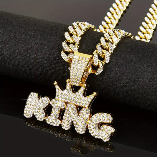 Rhinestone Crown KING Pendant & Rhinestone Cuban Chain Necklace.