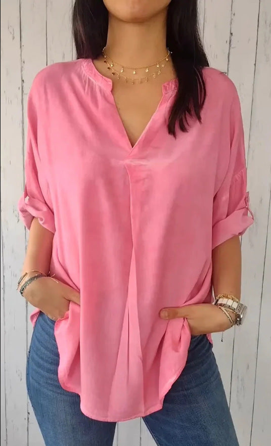 V-neck Cotton And Linen Pure Plus Size Shirt