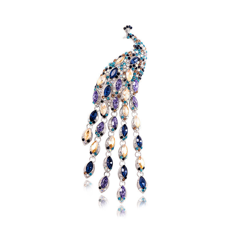 Large Long Tail Crystal Peacock Tassel Brooch