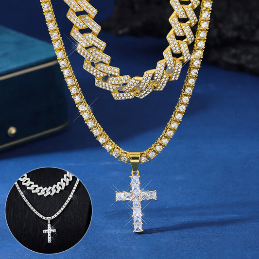 Zircon Cross Pendant, Hip Hop Full Miami Curb Cuban Chain Iced Out Paved Rhinestones Necklace