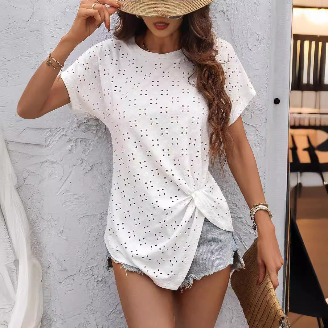 Casual Solid Color Fresh Jacquard Pleated Round Neck Shirt