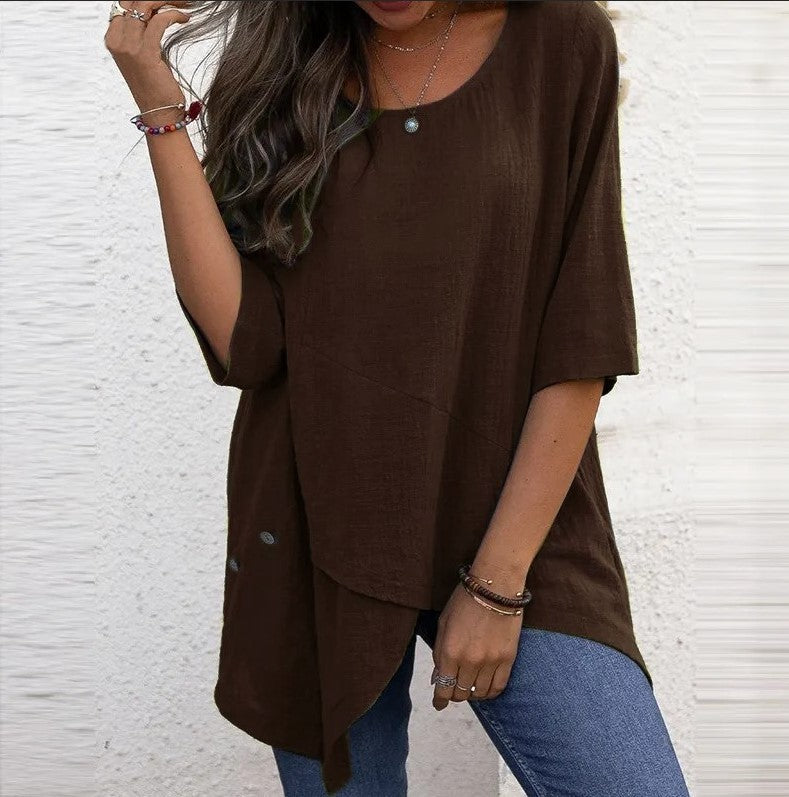 Cotton Linen Round-neck Irregular Half Sleeve Shirt