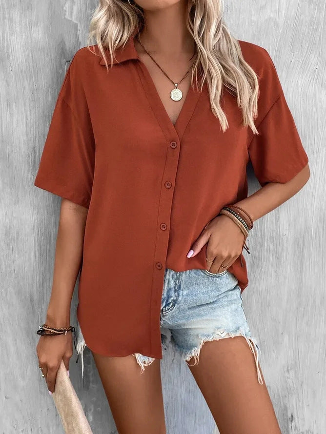 Pure Color V-neck Shirt