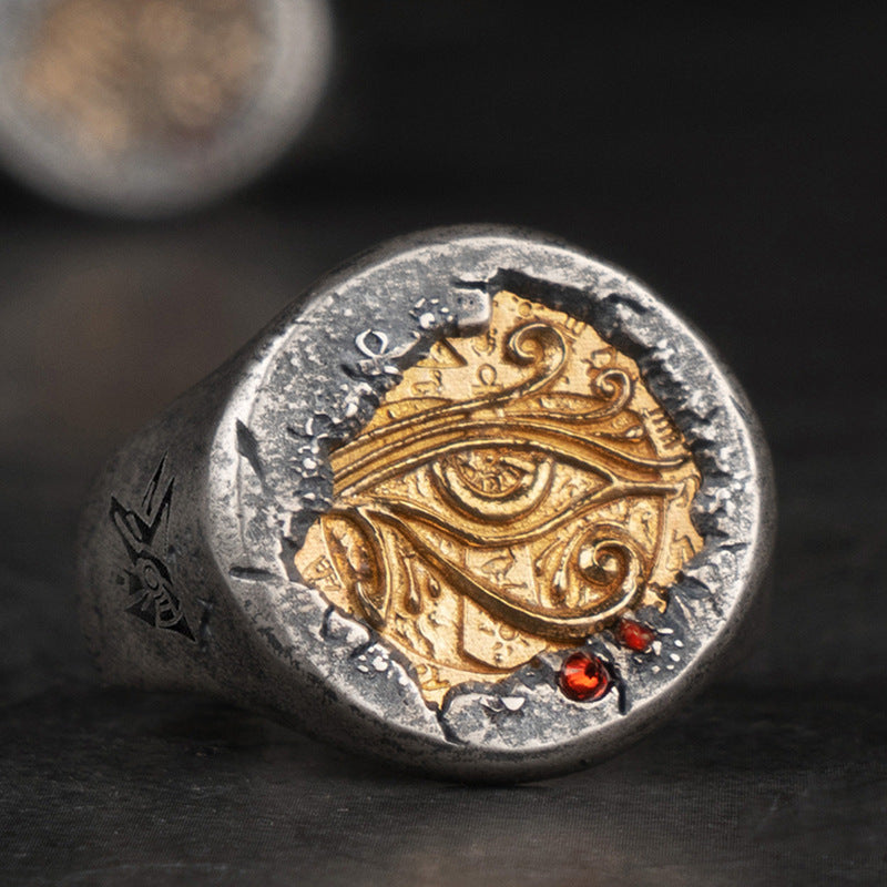 Pharaoh's Treasure Eye of Horus Silver Inlaid Copper Ring