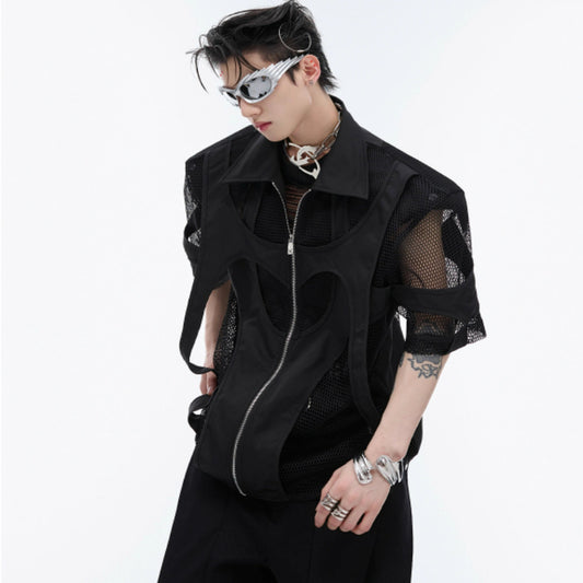 Hollow Mesh Short-sleeved Shirt Double-layer Stitching Loose T-shirt Coat