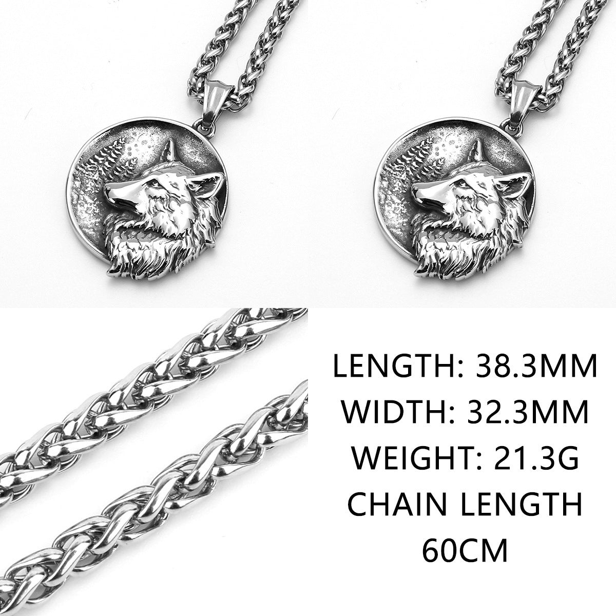 Titanium Steel Double Sided Wolf Head Pendant Necklace