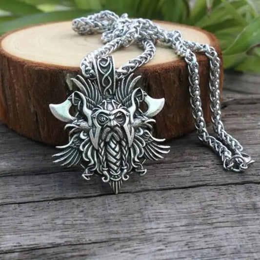 Viking Odin With Double Axe Pendant Necklace.