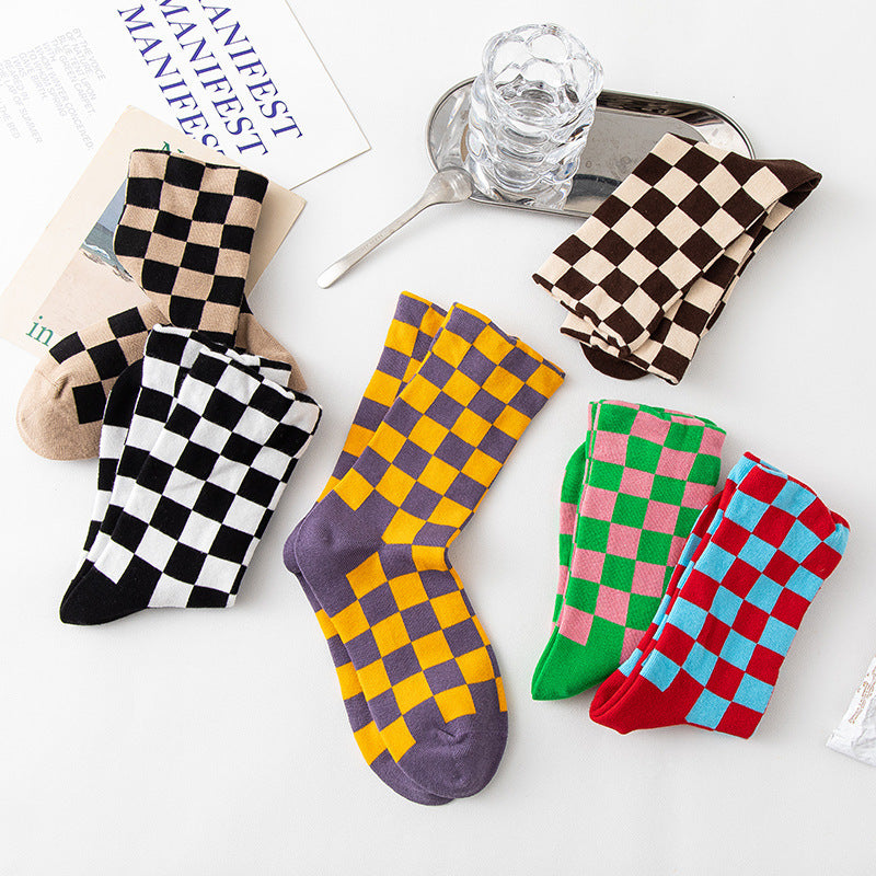 Chessboard Plaid Contrast Color Tube Socks