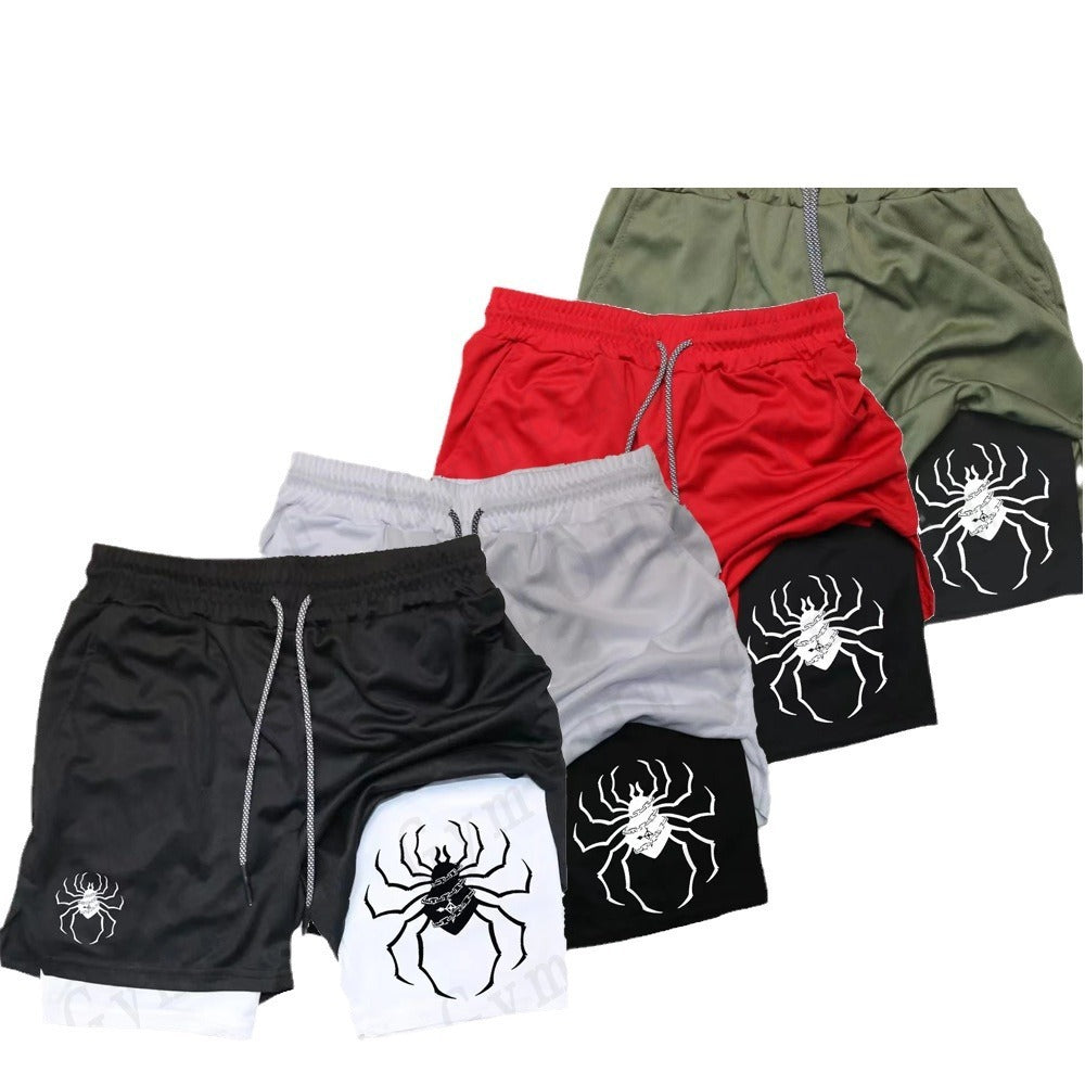 Digital Spider Print Men's 2-in-1 Double-layer Sports Shorts