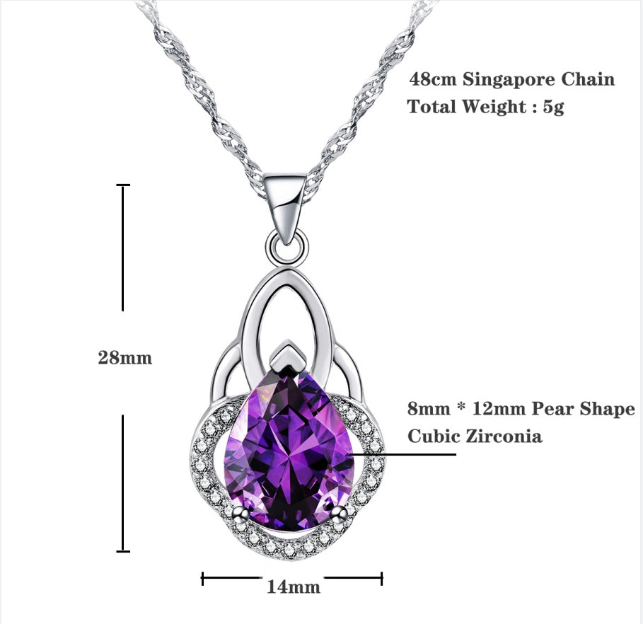 14k White Gold Plated 5A Pear Shape Cubic Zirconia Crown Pendant Necklace