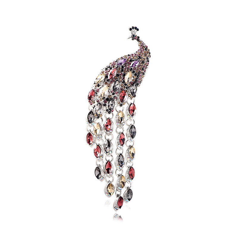 Large Long Tail Crystal Peacock Tassel Brooch