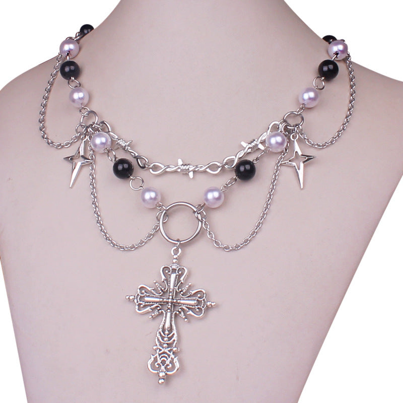 Gothic Pearl Tassel Cross Necklace