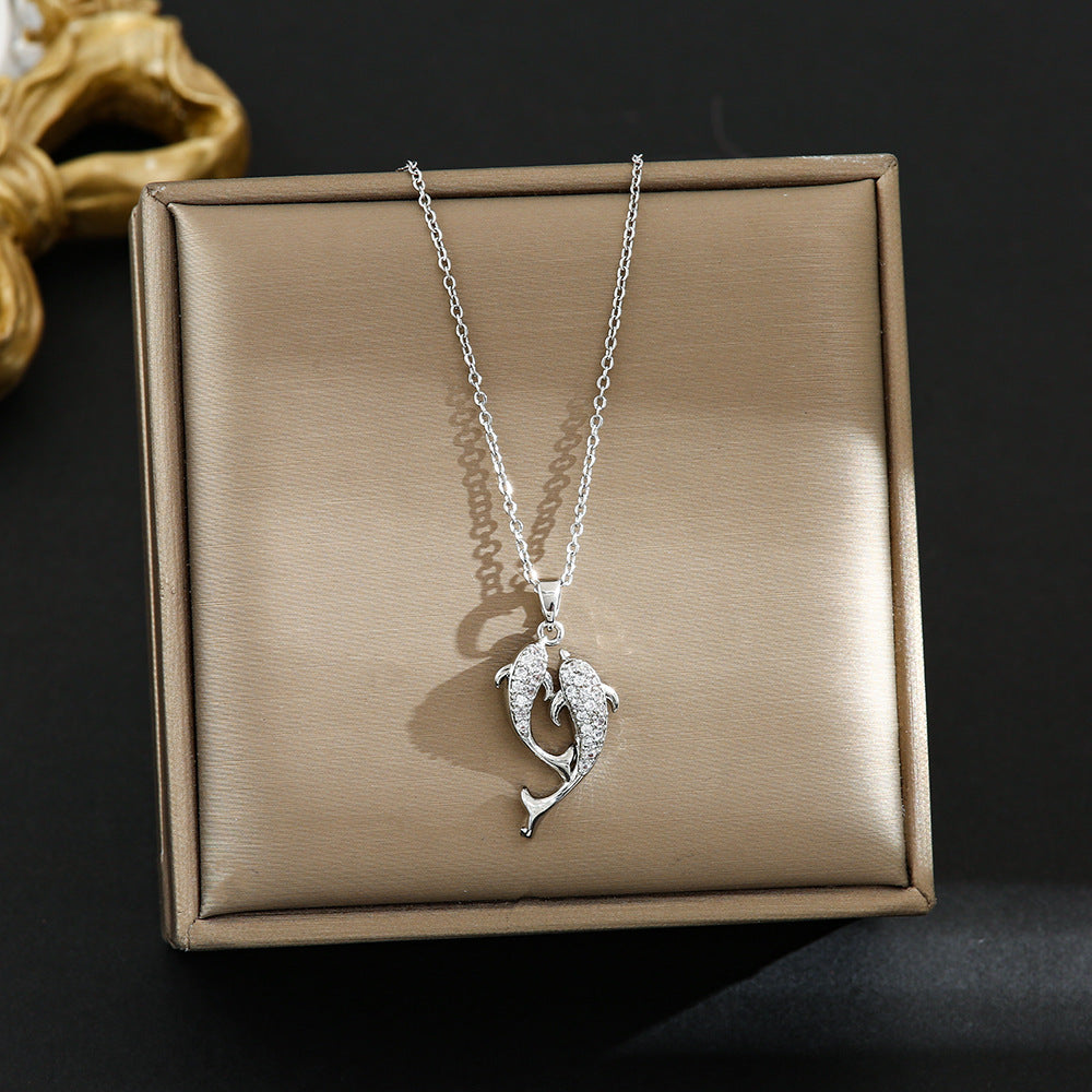 Micro-inlaid Dolphin Love Titanium Steel Necklace