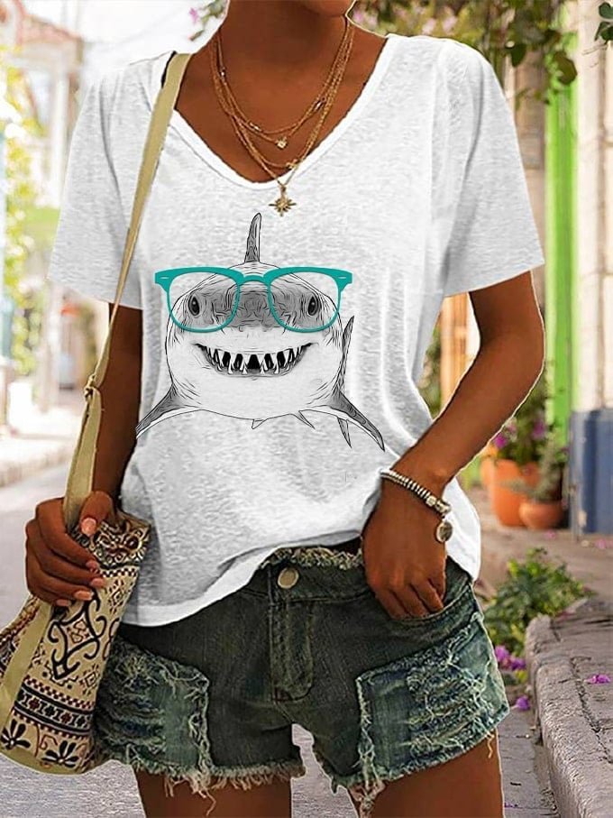 Women's 3D Digital Printing Pullover Loose Diagonal Collar Short Sleeve