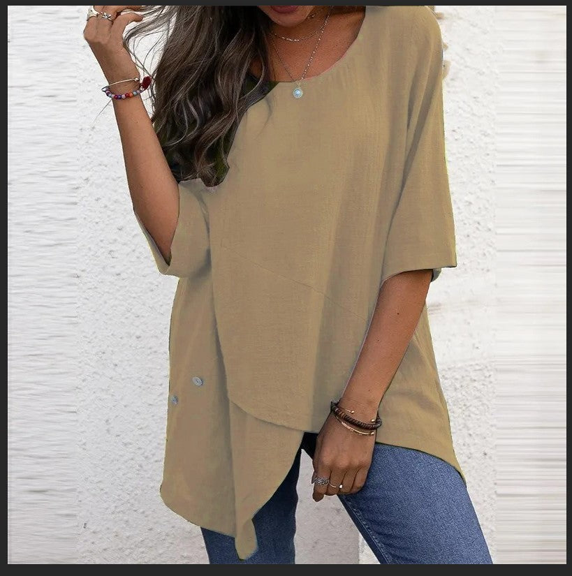 Cotton Linen Round-neck Irregular Half Sleeve Shirt