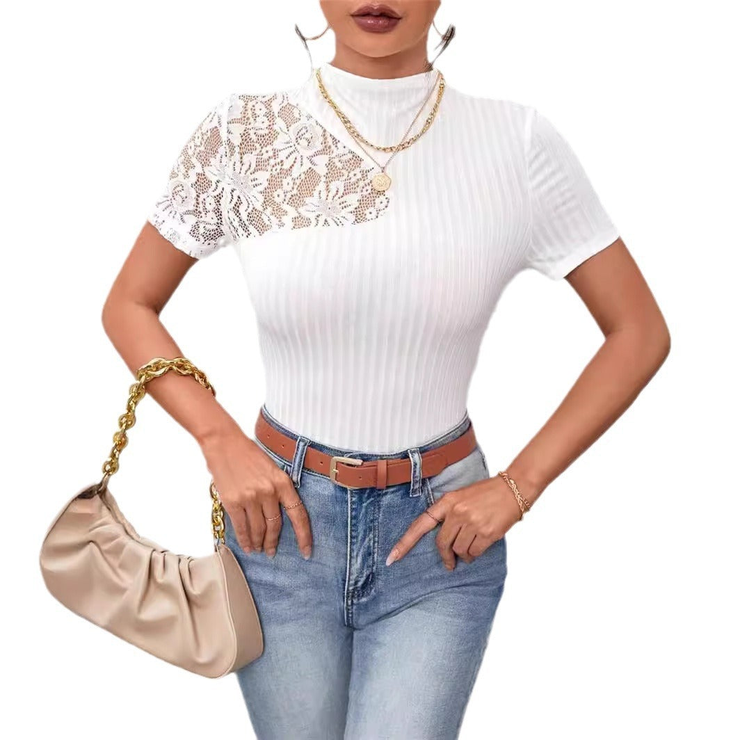 Slim-fit Lace Patchwork Short-sleeved T-shirt