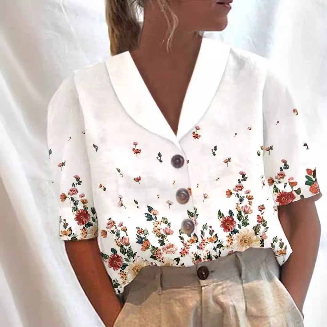 Cotton and Linen Printed Short-sleeved Shirt