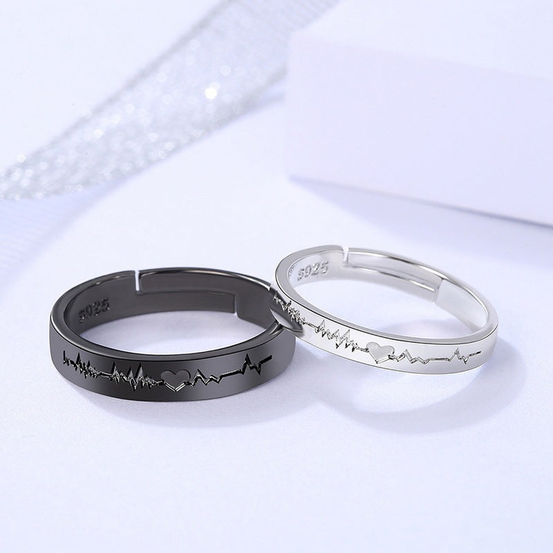 Romantic Black & White Heart ECG Couples Rings