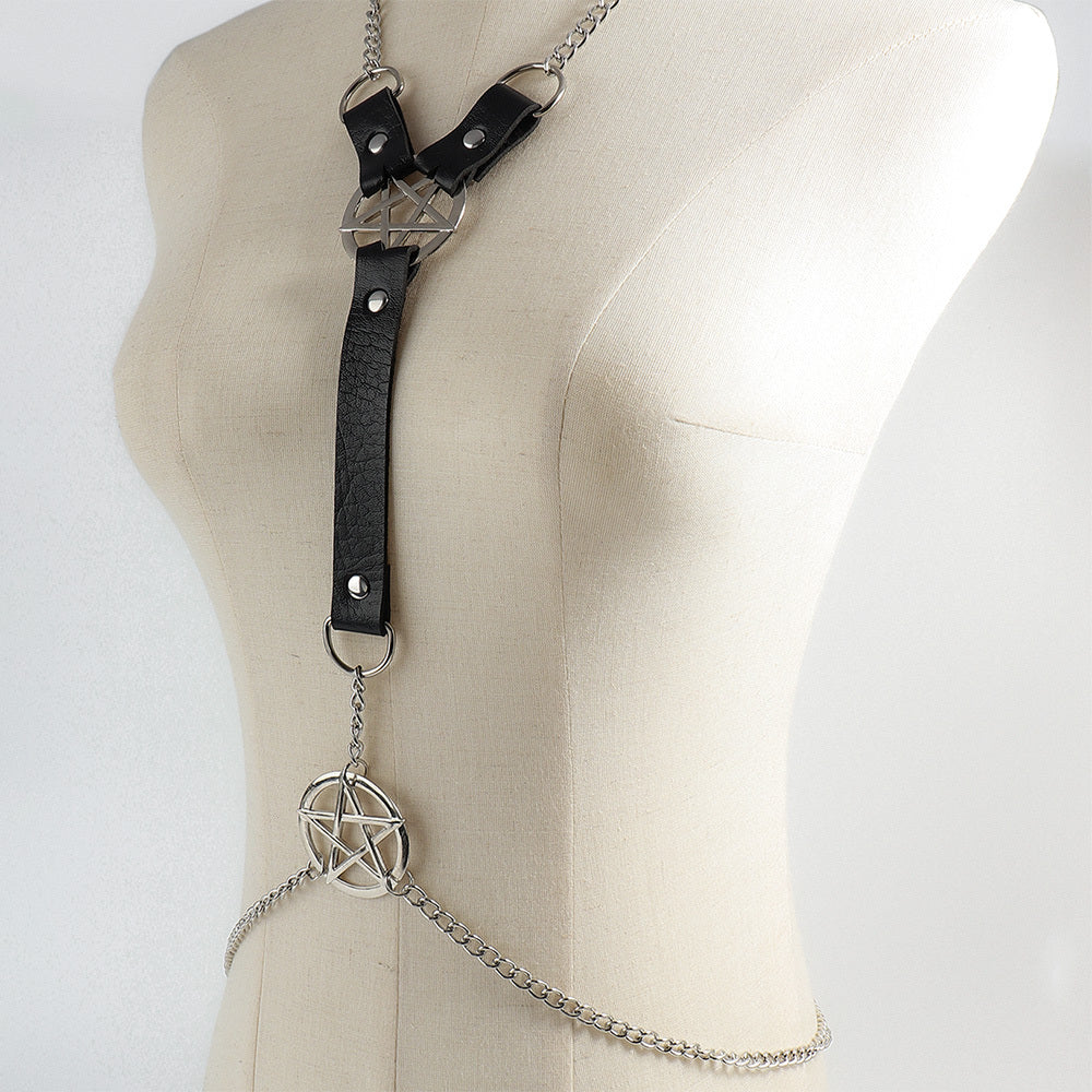 Sexy Ladies Black Leather Chest Pentagram Metal Chain Belt Harness