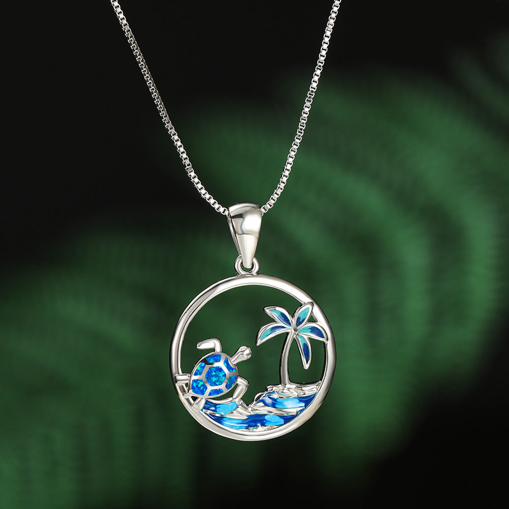 Platinum Blue Opal Turtle Palm Necklace