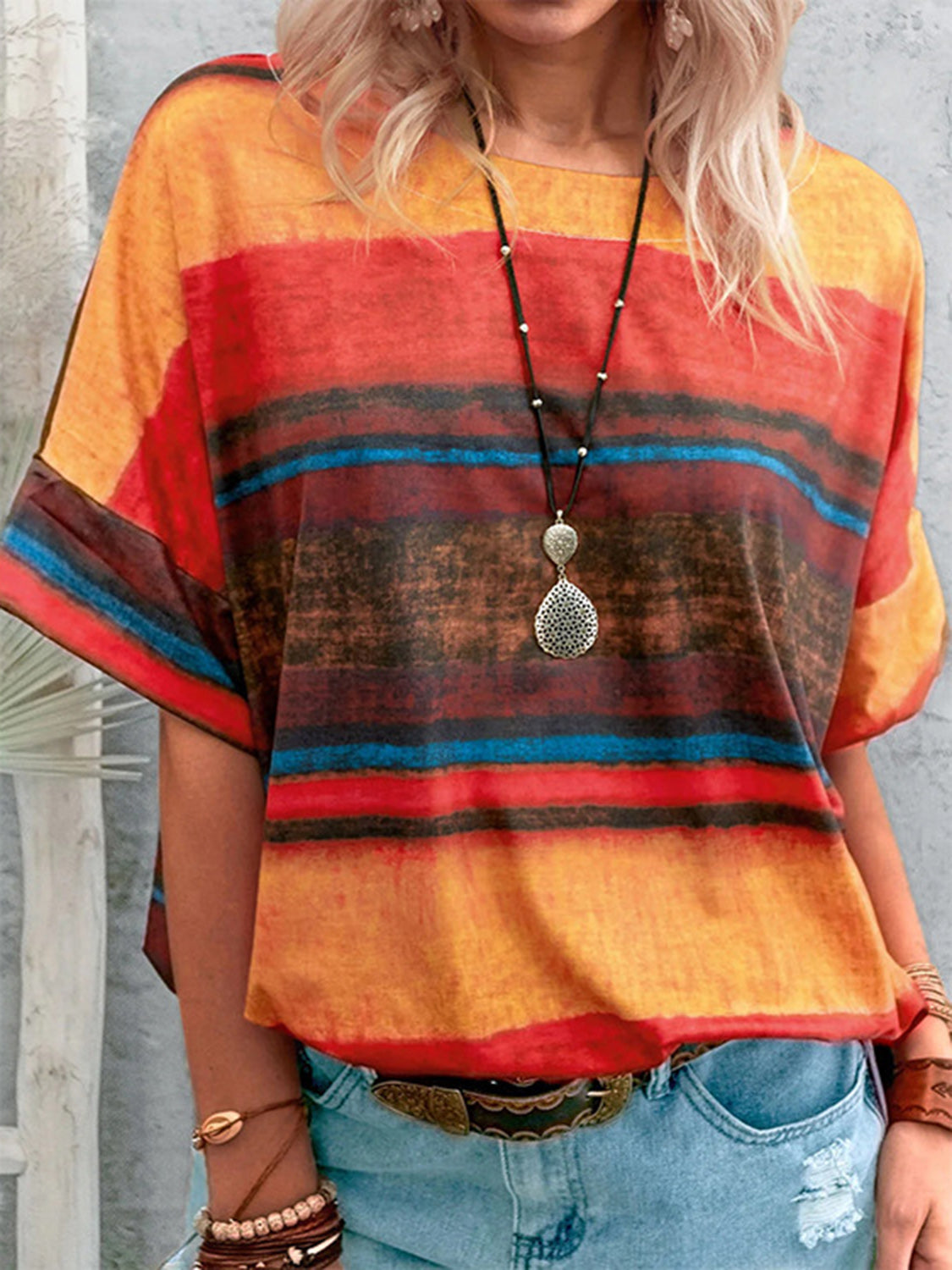 Full Size Color Block Round Neck Half Sleeve T-Shirt