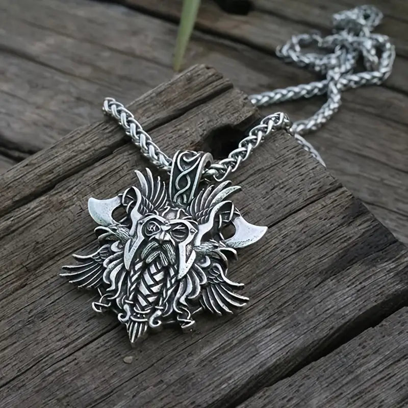 Viking Odin With Double Axe Pendant Necklace.