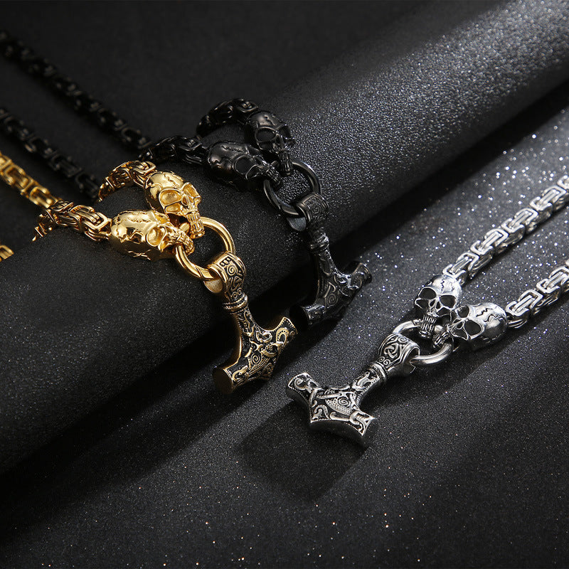 Titanium Steel Thors Hammer Skull Necklace