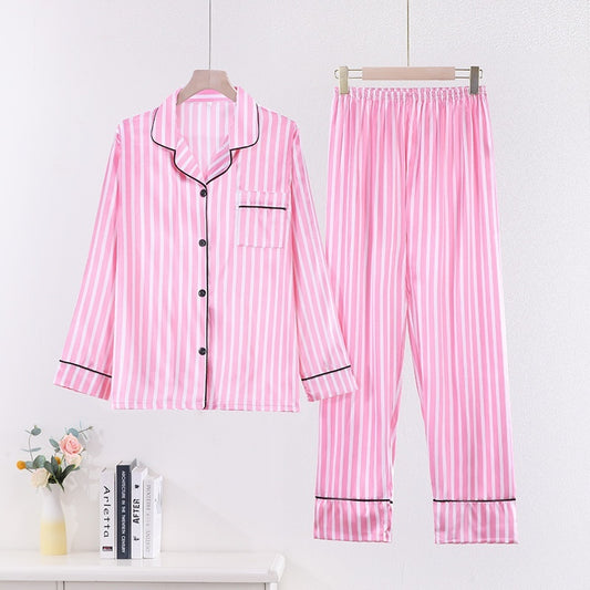 Casual Long Sleeve Artificial Silk Camisole Striped Homewear Suit