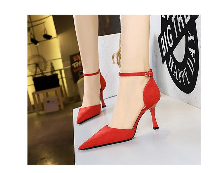 Suede Shallow Mouth Pointed-toe Hollowed Ankle-strap High Heels