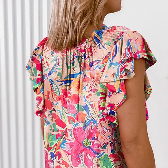 Thin V-neck Ruffled Printed Short-sleeved Shirt