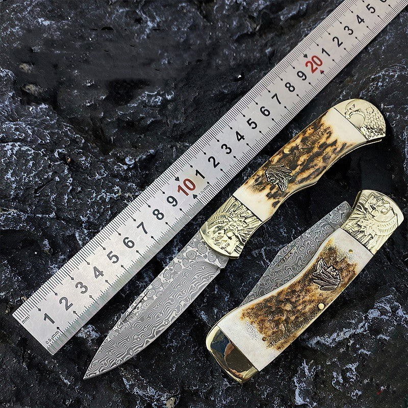 Antler Pocket Damascus Folding Knife